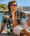 Short Sleeves Rooster Cotton Aloha Shirt Black
