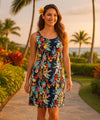 Kale Short Round Neckline Hawaiian Dress Black