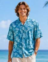 100% Rayon Short Sleeves Ohia Men's Shirt Turquoise