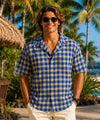 Short Sleeves Paniolo Blue Yellow Palaka Aloha Shirt Light Blue