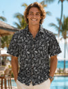 Short Sleeves Seashells Cotton Poplin Aloha Shirt Black Men's Cotton Shirts