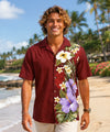 Side Panel Hibiscus Short Sleeves Cotton Aloha Shirt Burgundy