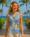 Hibiscus Sleeveless Cotton Women Shirt Light Blue