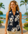 Hibiscus Sleeveless Cotton Women Shirt Navy