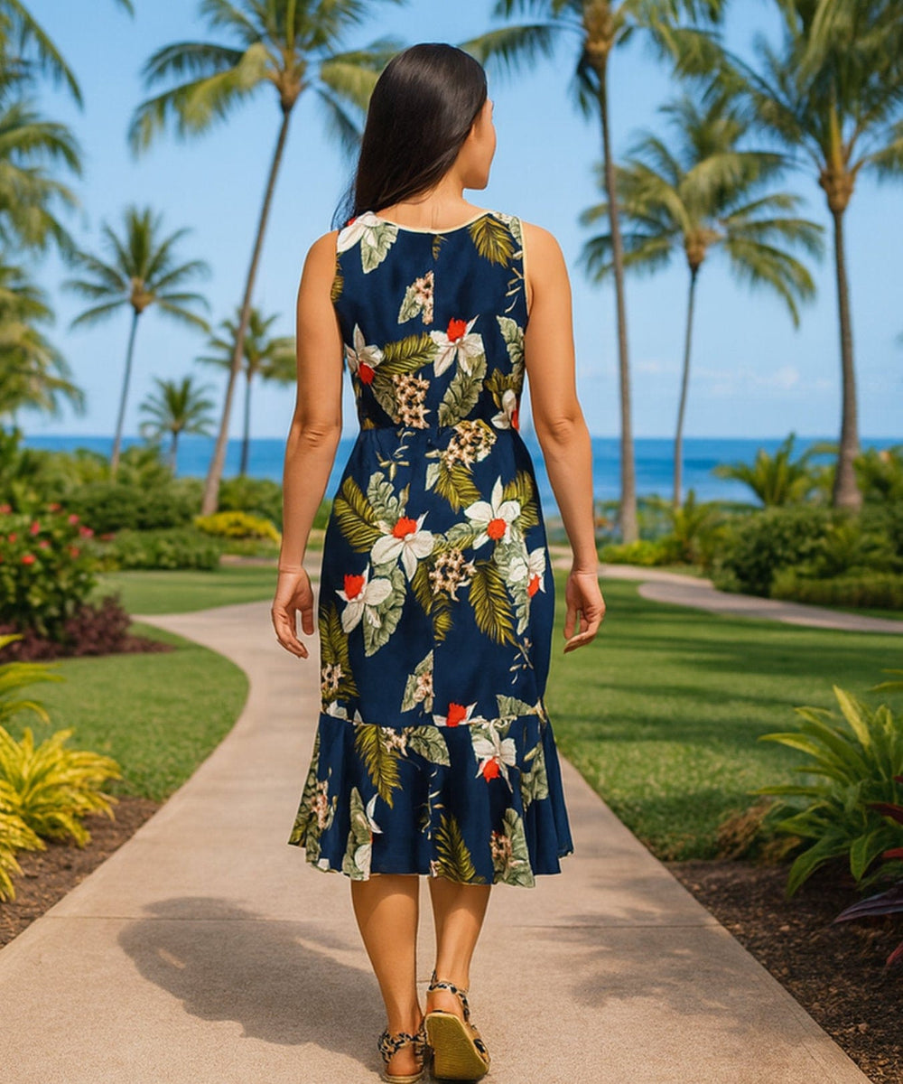 Wainapanapa Mid Length Navy Hawaiian Dress | Aloha Shirts Club