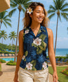 Hibiscus Tank Top Sleeveless Blouse Navy