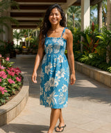 Tie On Shoulder Short Smock Hawaiian Dress Blue One Size Fits Most XS-XL