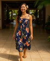 Orchids Rayon Smock Midi Hawaiian Dress Navy One Size Fits Most XS-XL