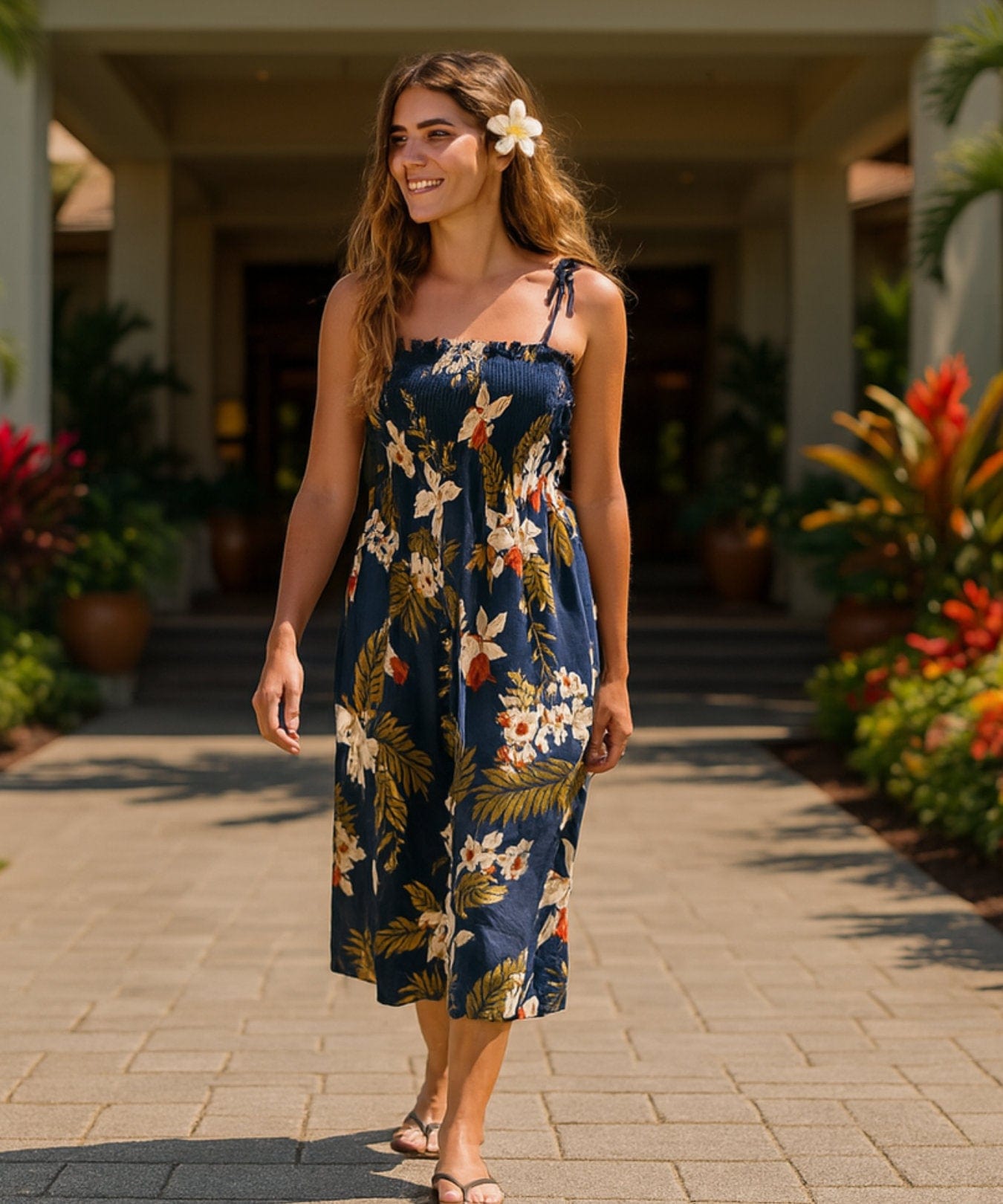 Wainapanapa Orchids Smock Top Hawaiian Dress Navy One Size Fits Most XS-XL