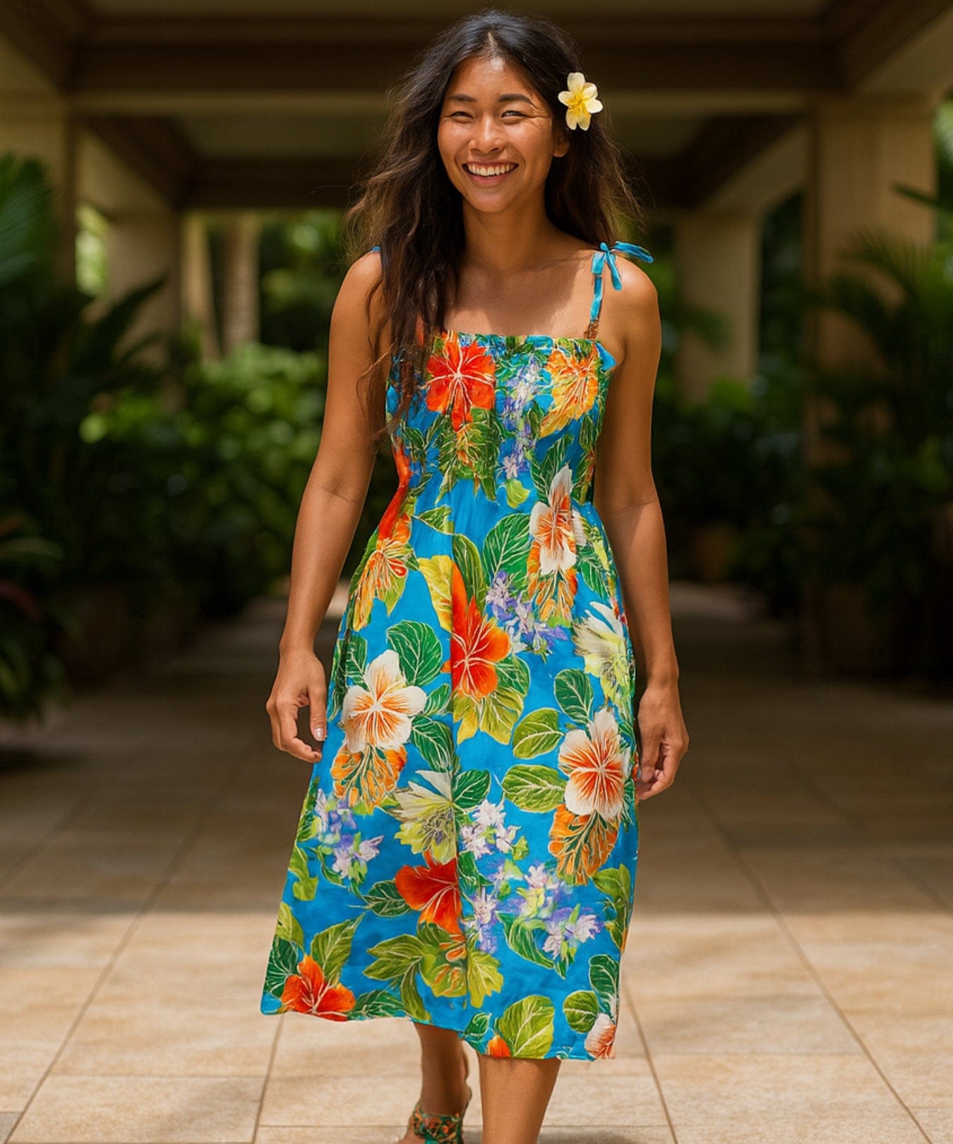 Island Tropical Forest Smock Tube Top Dress Royal Blue One Size Fits Most XS-XL