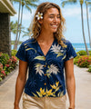 Bamboo Paradise V-Neck Women Hawaiian Blouse Navy