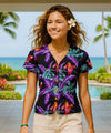 Jungle Bird Magnum PI Print V-Neck Hawaiian Blouse Black