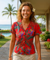 Jungle Bird Magnum PI Print V-Neck Hawaiian Blouse Red