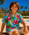 Watercolor Hibiscus Boys Hawaiian Shirt Blue