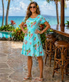 Short Flamingos Hawaiian Dress with Cap Sleeves Aqua