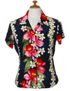 Women Hawaiian Fitted Blouse Orchid Plumeria Panel