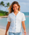 Prince Kuhio Side Band Women's Camp Hawaiian Shirt Blue