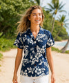 Island Hibiscus Women Camp Hawaiian Shirt Navy