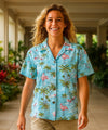 Flamingo Ohana Women Camp Aloha Shirt Light Sky Blue