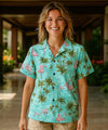 Flamingo Ohana Women Camp Aloha Shirt Summer Sky Blue