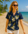 Orchids Makani Camp Women's Aloha Shirt Navy