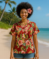 Pineapple Hibiscus Women Camp Cotton Shirt Red