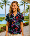 Jungle Bird Parrots Rayon Camp Hawaiian Blouse Black