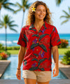 Jungle Bird Parrots Rayon Camp Hawaiian Blouse Red