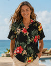 Black Short Sleeves Floral Hibiscus Women Hawaiian Shirt