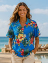 Blue Short Sleeves Floral Hibiscus Women Hawaiian Shirt