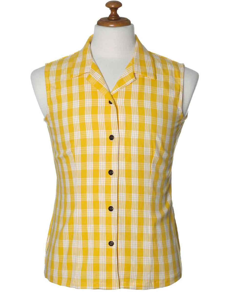 Yellow Sleeveless Women Palaka Shirt | Aloha Shirts Club