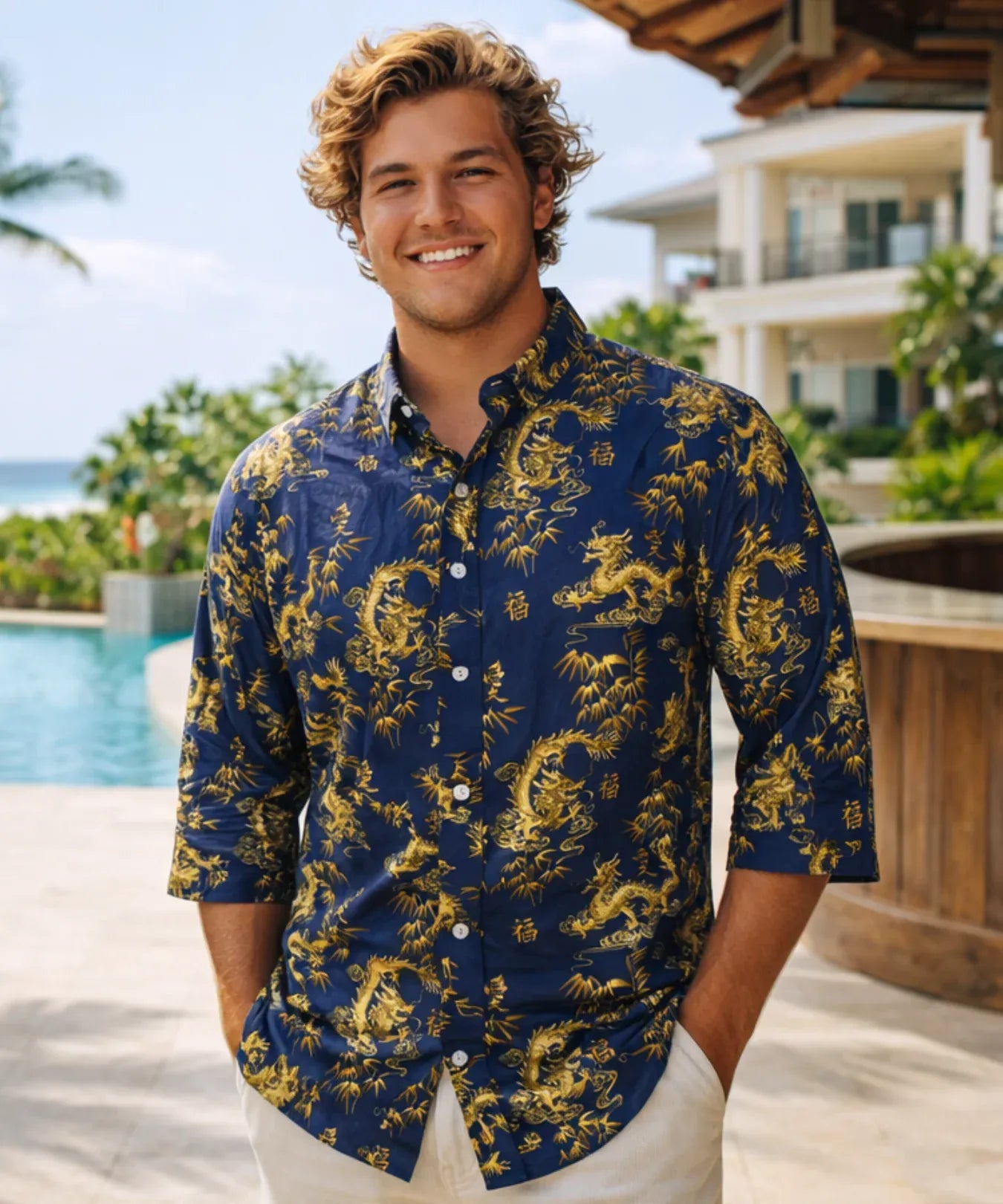 3/4 Sleeves Cotton Dragon Men's Hawaiian Shirt Navy