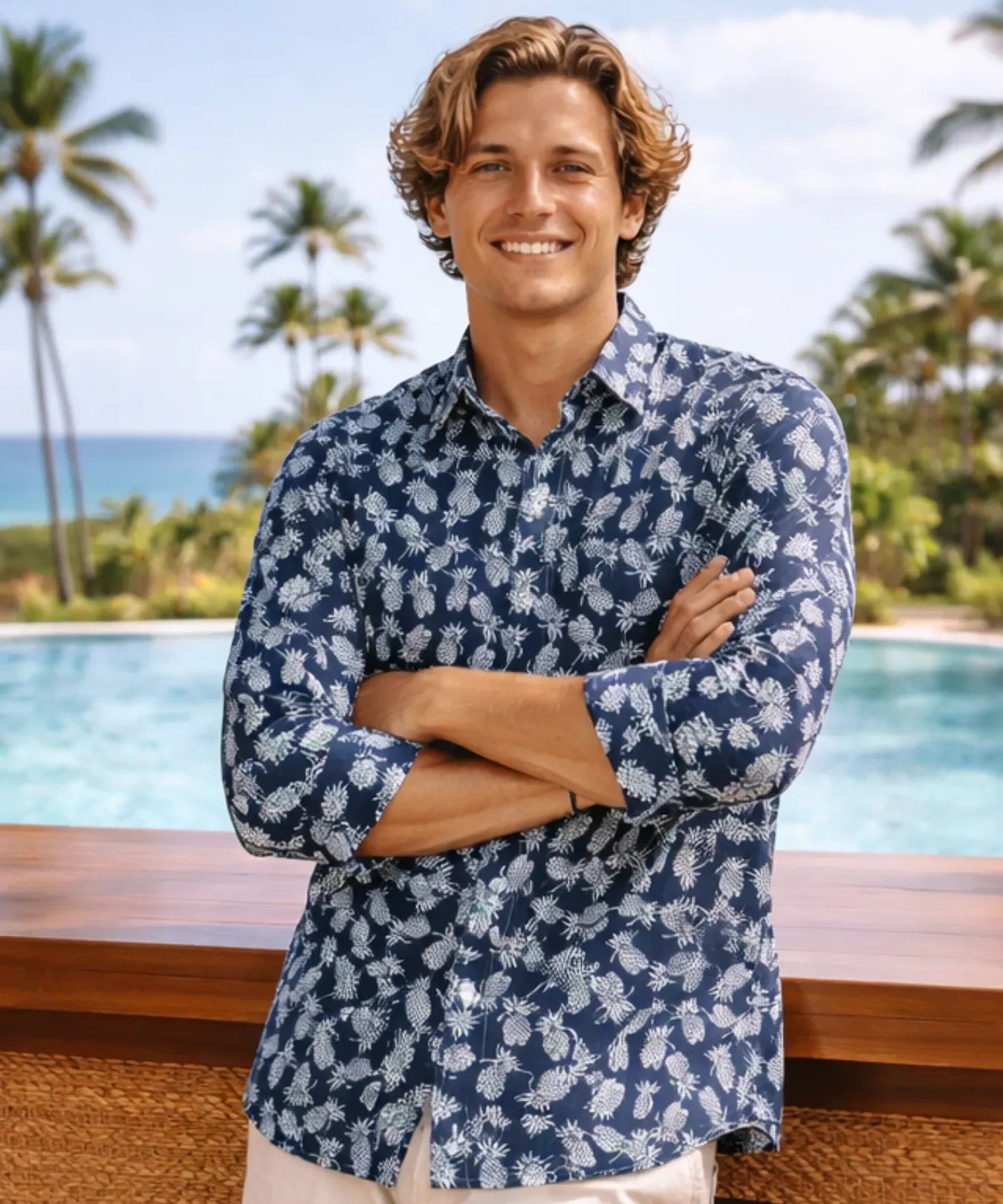 Pineapples Cotton Aloha Shirt 3/4 Sleeves Navy