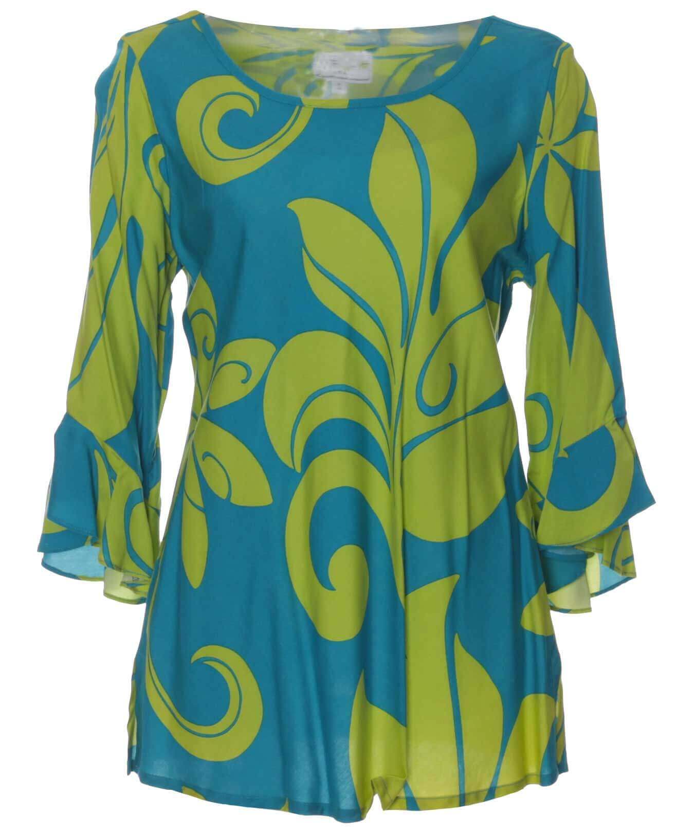 Rayon 3/4 Cascade Ruffle Bell Sleeves Blouse