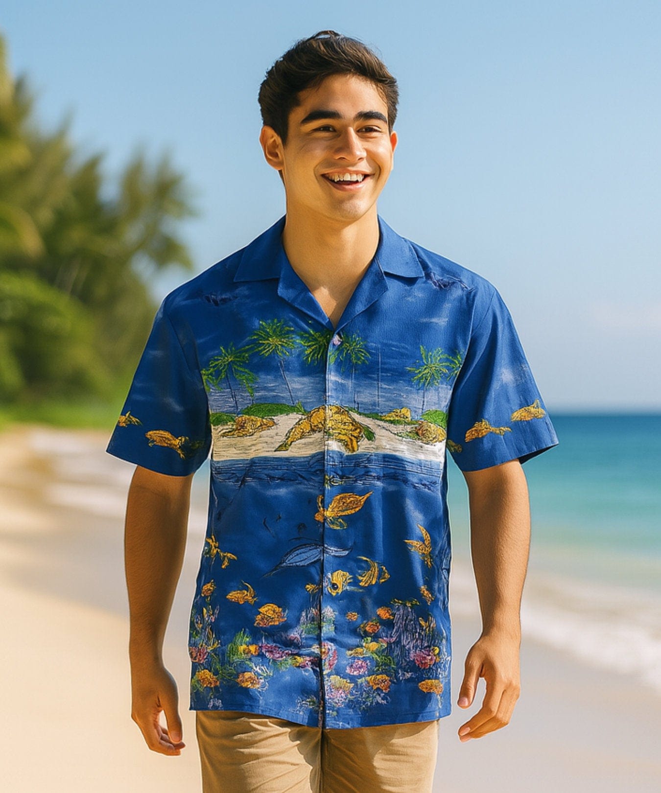 Border Chest Turtles Hawaiian Shirt Navy
