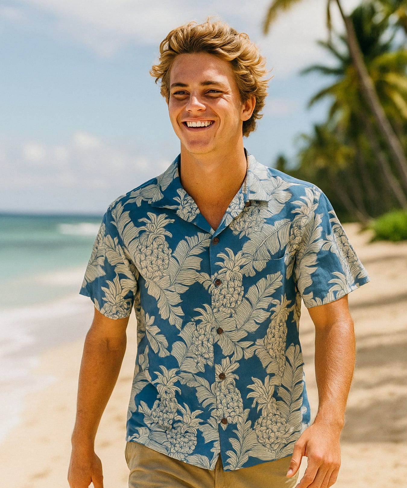 Pineapple Aloha Cotton Shirt for Men Blue