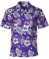 Purple Hawaiian shirt with white floral pattern on a white background