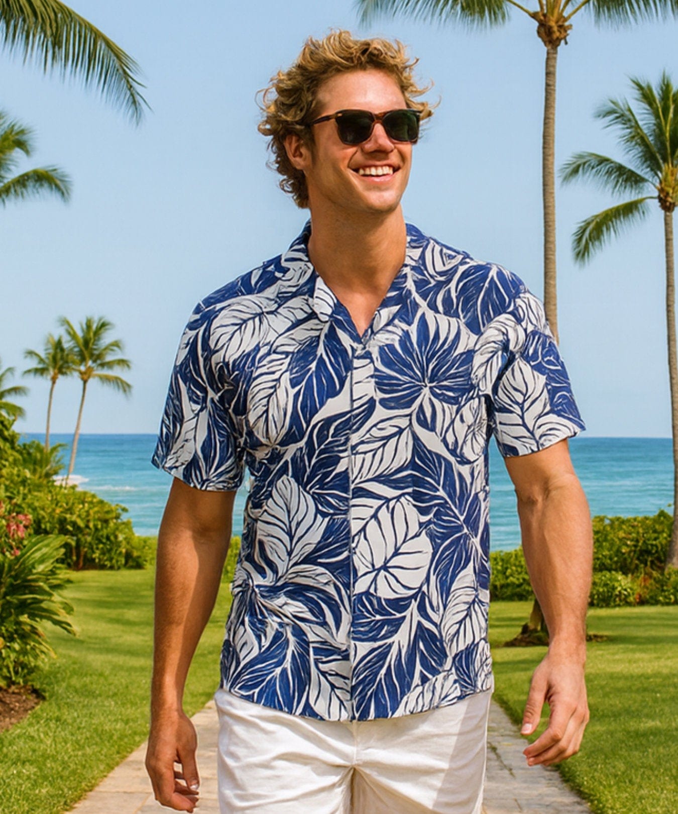 Tropical Monstera Aloha Shirt White