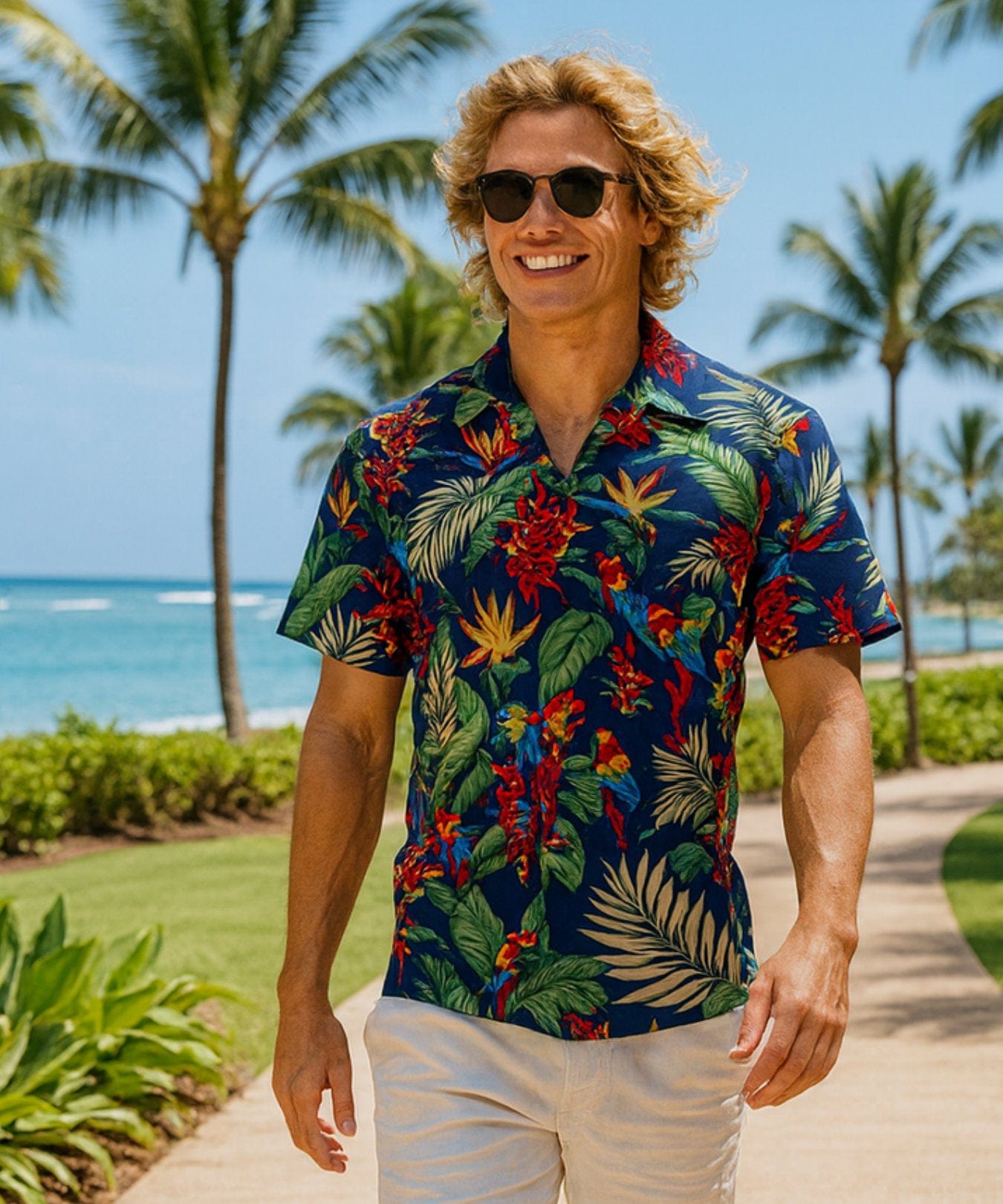 Pericos Parrot Short Sleeves Cotton Aloha Shirt Navy