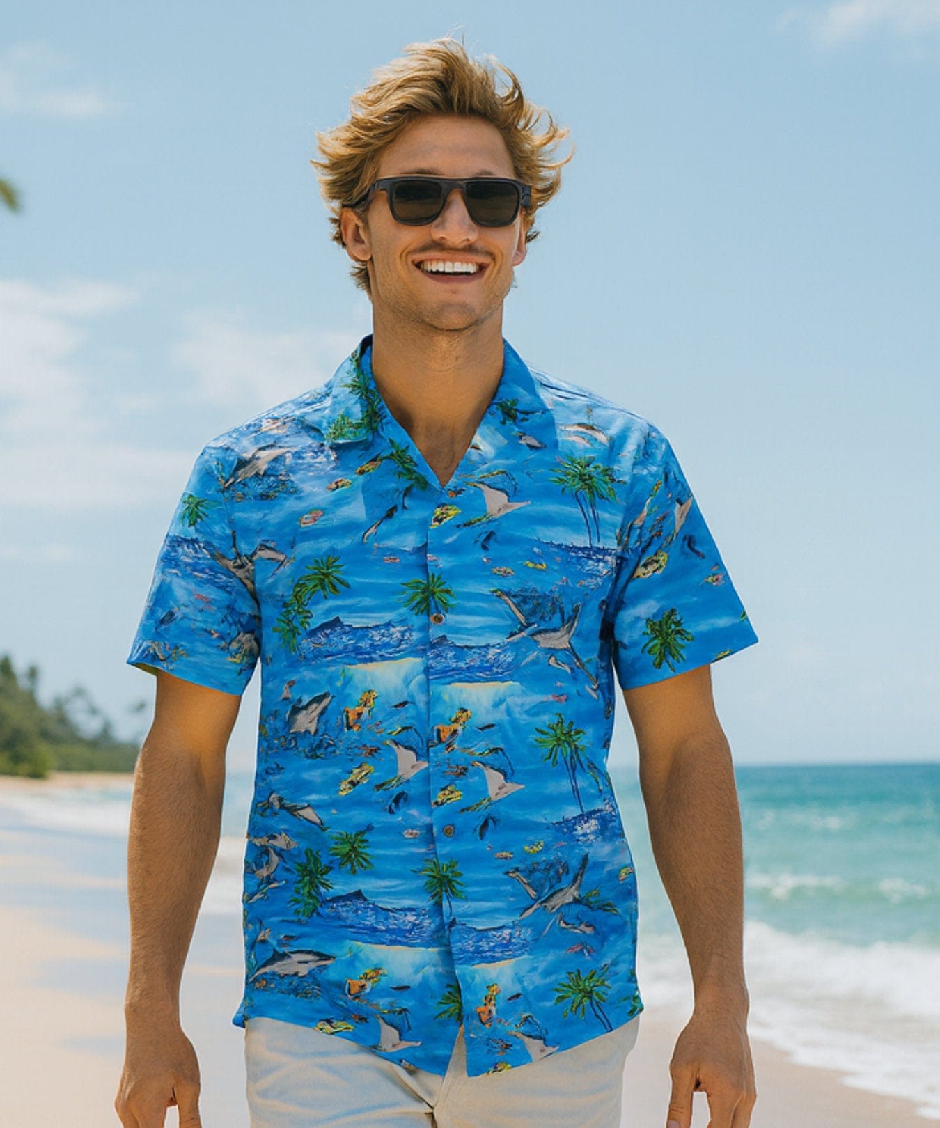 Monterey Fishing Aloha Cotton Shirt Blue