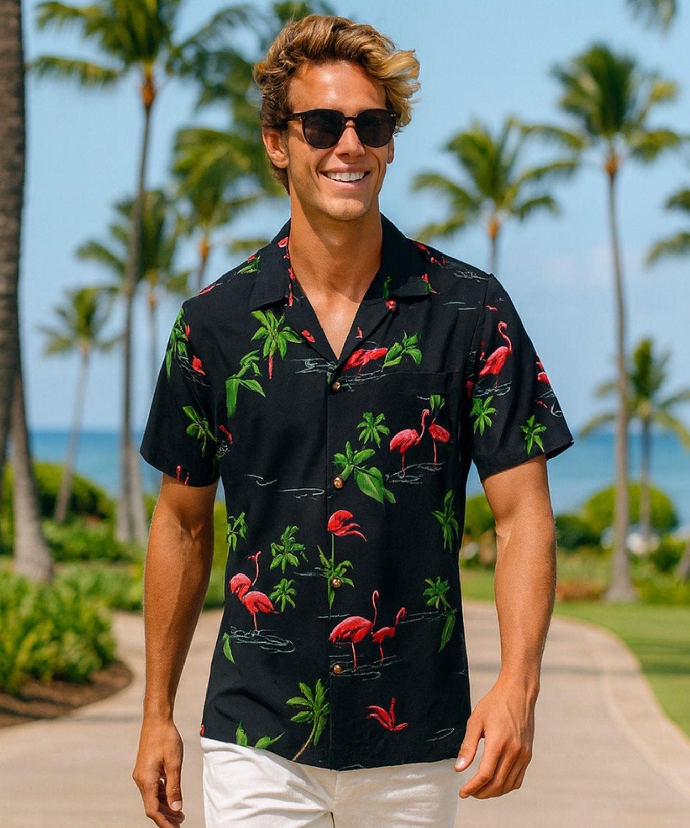 Flamingos Tropical Islands Aloha Shirt Black