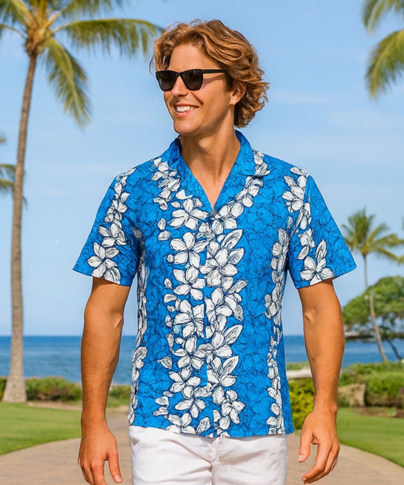 Plumeria Panel Short Sleeves Cotton Hula Shirt Light Blue