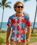 Short Sleeves Aloha Panel Men Shirt Burgundy