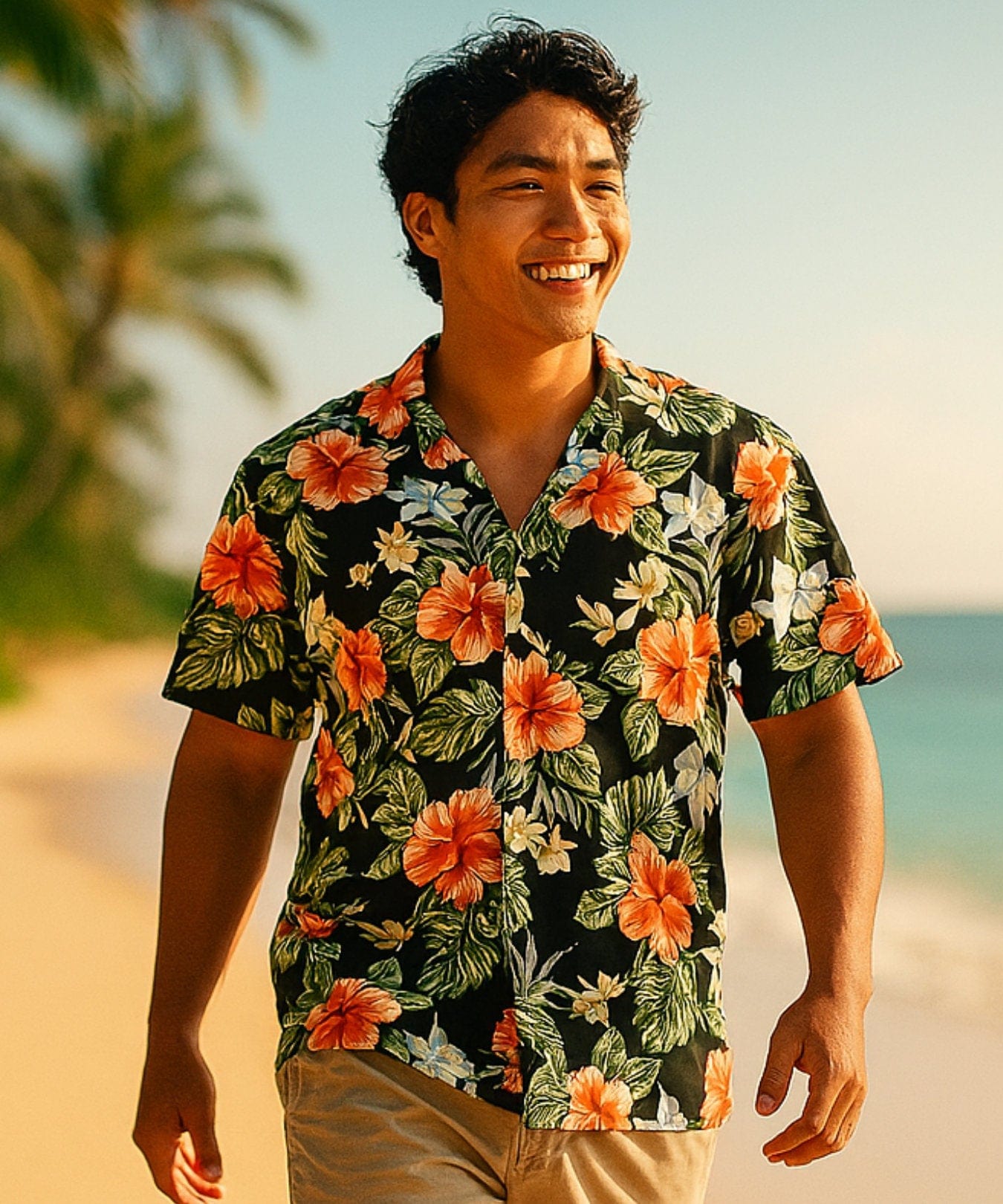 Men Hawaiian Cotton Hibiscus Shirt Black