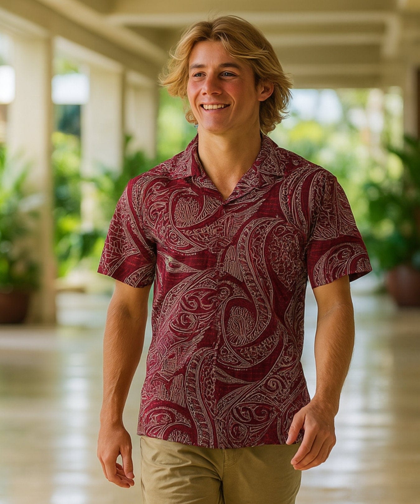 Polynesian Men's Cotton Hawaiian Shirt Burgundy