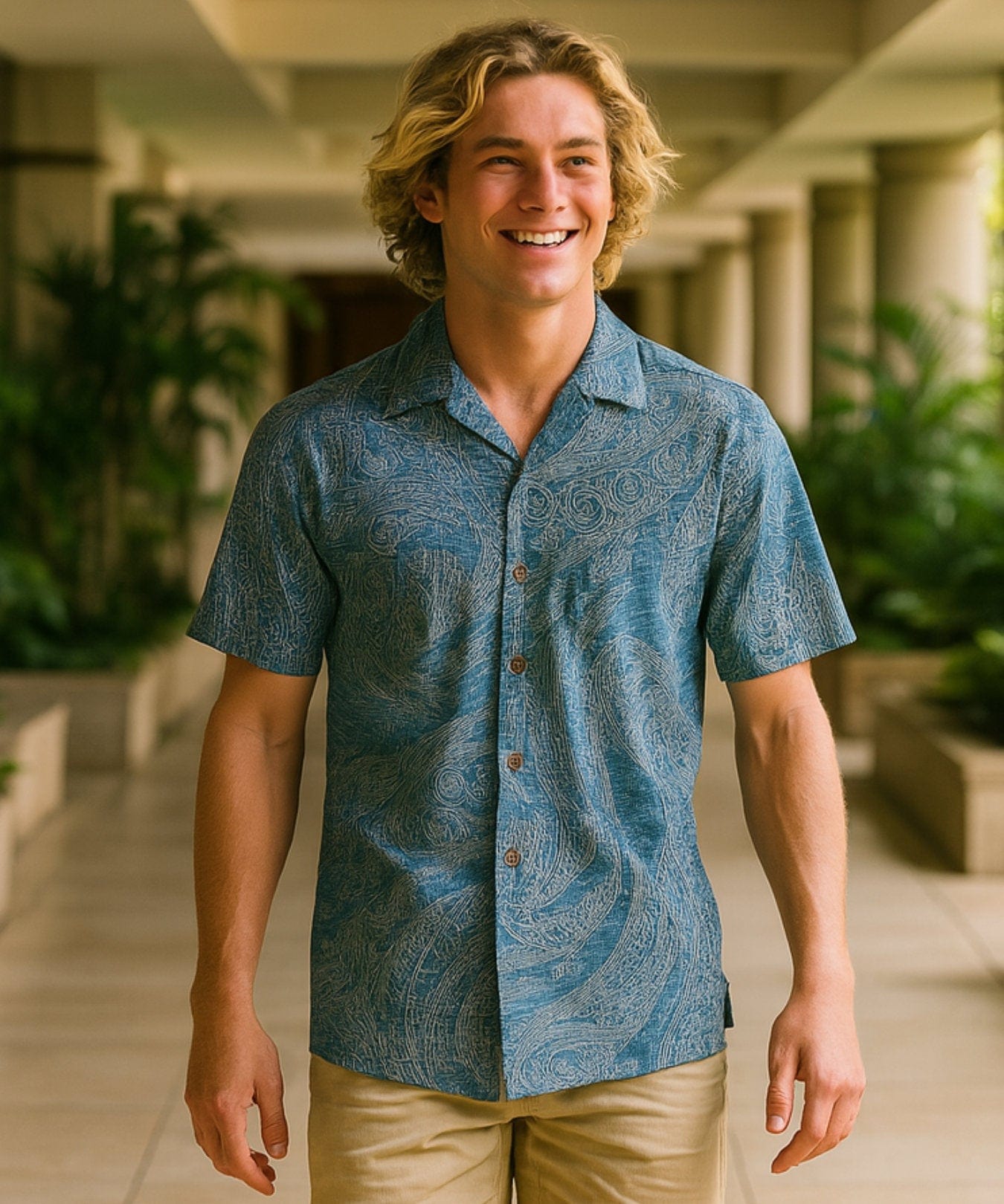 Polynesian Men's Cotton Hawaiian Shirt Turquoise