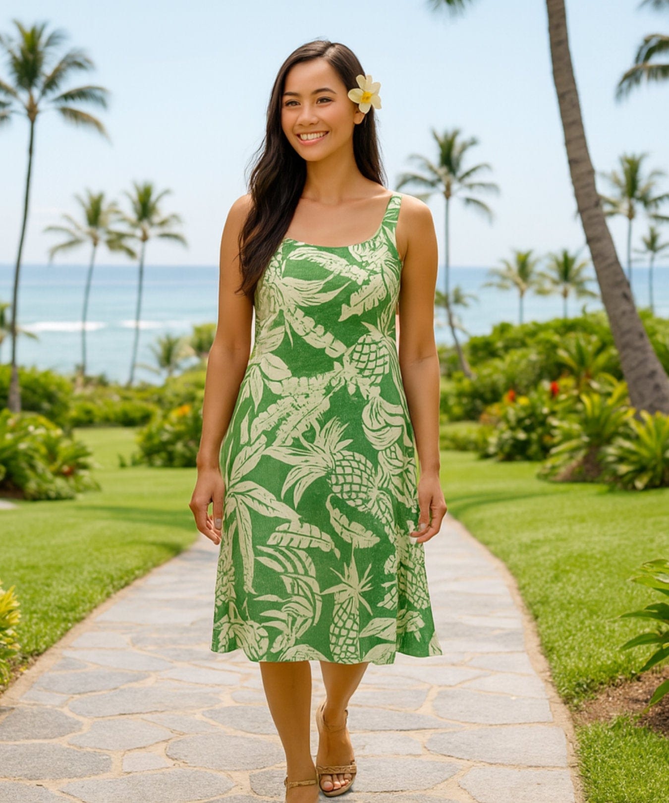 Pineapples A-Line Back Cutout Dress Sage