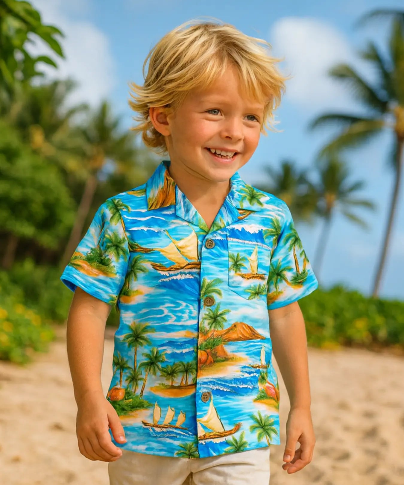 Outrigger Boy's Cotton Aloha Shirt Turquoise