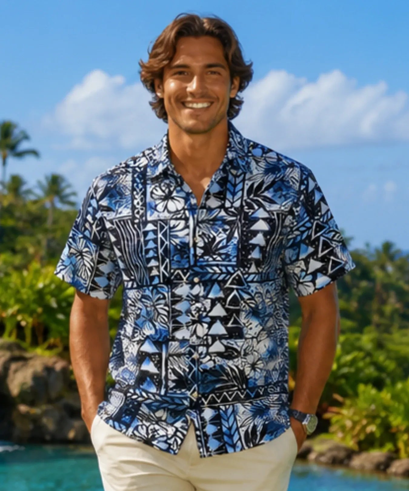 Button Down Cotton Dress Aloha Shirt Blue