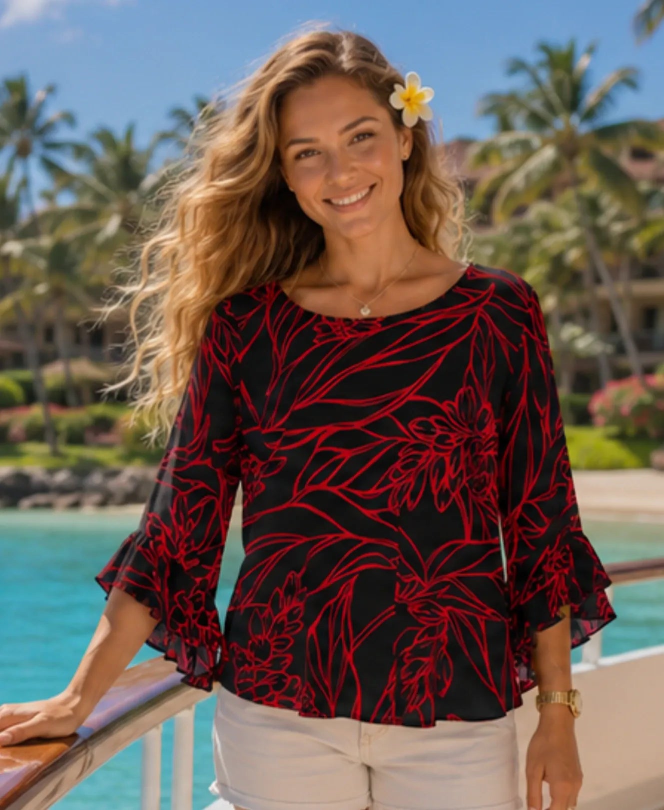 Bias Cut Tapered Fit 3/4 Bell Sleeves Blouse Black